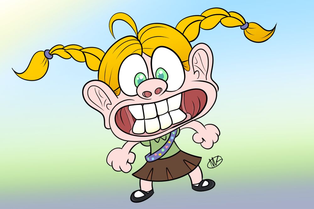 A deranged illustration of a blonde girl with teal eyes, with her hair tied braided pig tails. She has cartoonishly large and gross ears, with her cheeks pulled out to the side like someone is blowing a leafblower in her face. She is wearing a green blouse and a brown skirt, and a sash colorful shapes on it, a lazy representation of scout badges. Her giant, exposed teeth are slightly yellow and you can see her gummy jaws. Her fists are clenched and her eyes are locked in on you, the viewer. Her nostrils are flared.