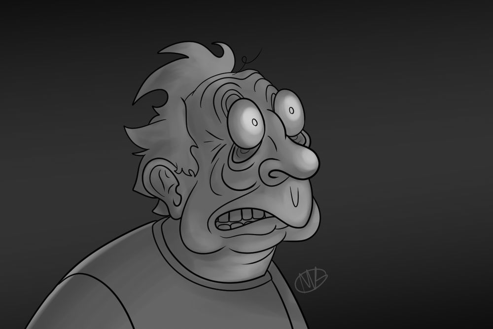 A grayscale illustration of a very tired man, with large eyes protruding from his face and saggy eyelids drooping above and below.