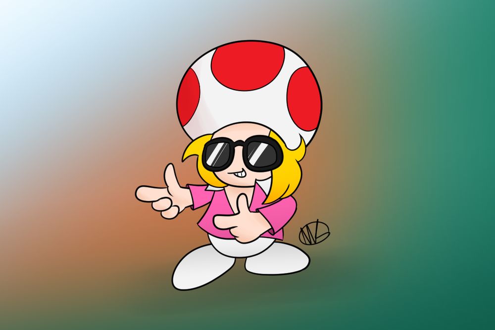 A Toad character from Paper Mario named Zip Toad, doing a finger guns pose and a cocky grin. This little mushroom man is wearing sun glasses and has blond hair flowing out from under his mushroom cap. In game, he is a famous actor who is full of himself.