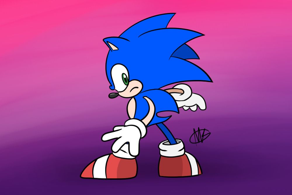 Sonic the Hedgehog, viewed from behind, with his head turned back towards the viewer. He has a very angry look on his face. 