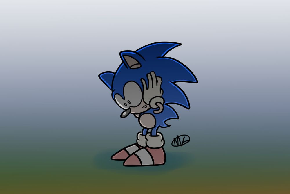 Sonic the Hedgehog in mid-crouch animation, where he looks slightly downward with his hands by his face, almost like a "what have I done" pose.