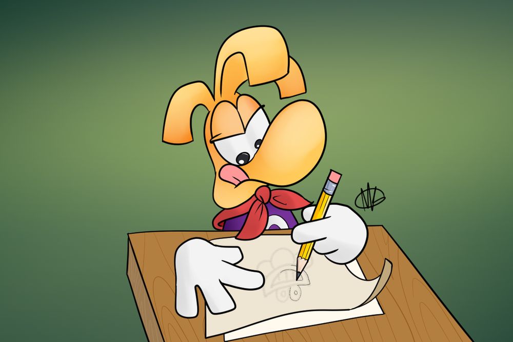 The video game character, Rayman, sitting at a desk, with his tongue poking out in concentration, attempting to trace a picture of Murfy with a pencil.