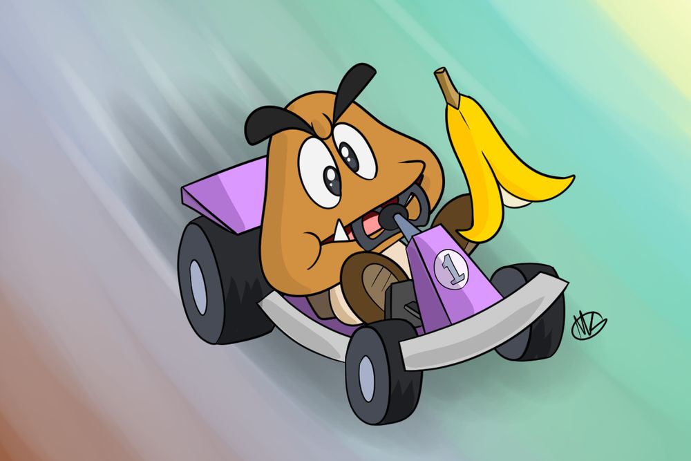 A Goomba from Mario trying to operate a go kart. He doesn't have arms so he is biting the steering wheel, and somehow holding a banana peel in his left foot. 