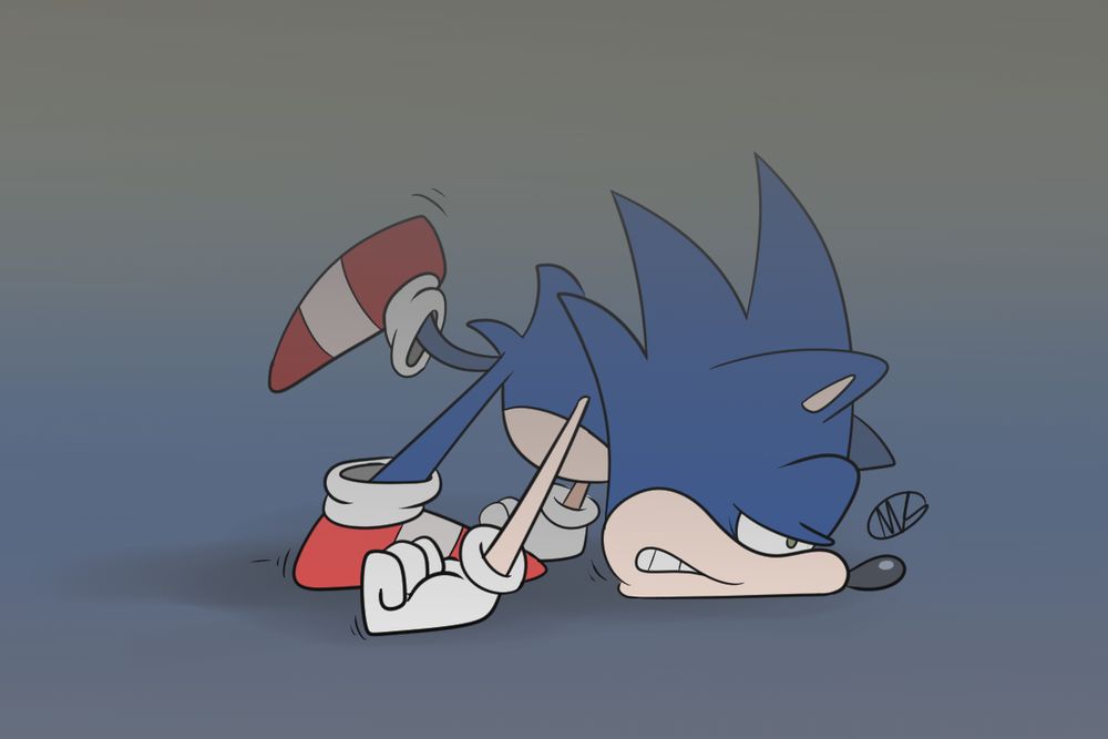 Sonic the Hedgehog with his face planted on the ground, dragging the back of his hands, pushing his tired body like a wheel barrow where his face is the front tire. He has a very tired expression and the background is very smoky tone.