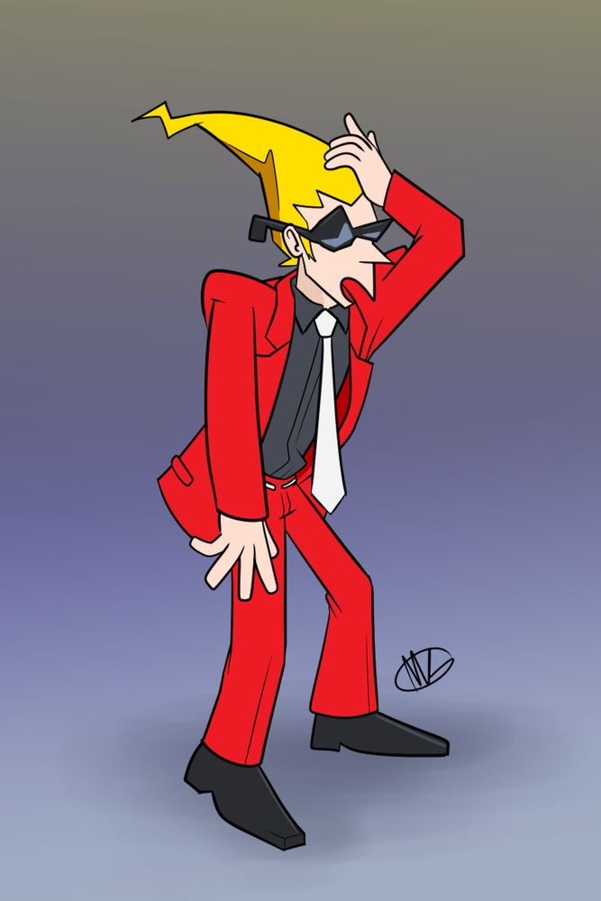 Sissel from the game Ghost Trick. He wears a red suit, black shirt, and white tie and belt. His yellow hair extends up like a single flame from a candle. He has his palm on his forehead, doing his famous "stupefied" expression from the game where his mouth becomes almost like a bird beak, and slack jawed. 