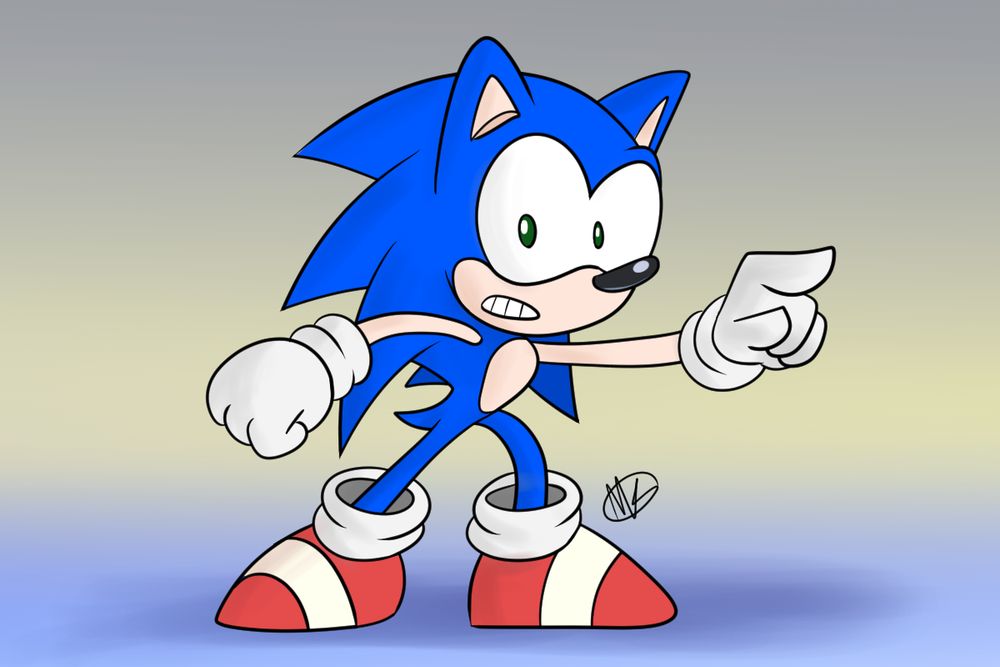 A very worried Sonic the Hedgehog pointing to someone out of frame. He is looking towards the viewer, as if he is tattling on someone to the right.