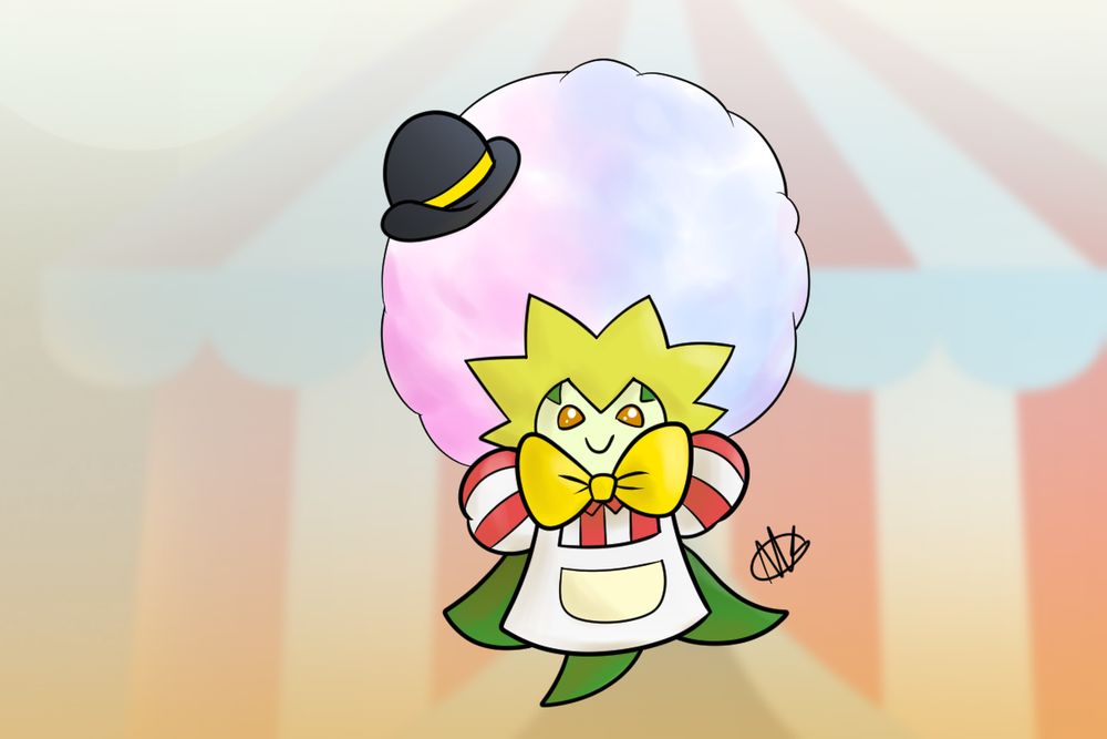 Eldegoss, the cotton plant Pokémon, dressed up with a county-fair inspired outfit. Along with a large yellow bowtie, she is wearing a red and white striped blouse with puffy princess shoulders, and a white apron. There is a small bowler hat on top of her cottony hair-do, tilted to the side. Her cotton is colored pink on the left side and blue on the right side, similar to cotton candy. In the background there is a faint, blurry clip-art of a circus tent.