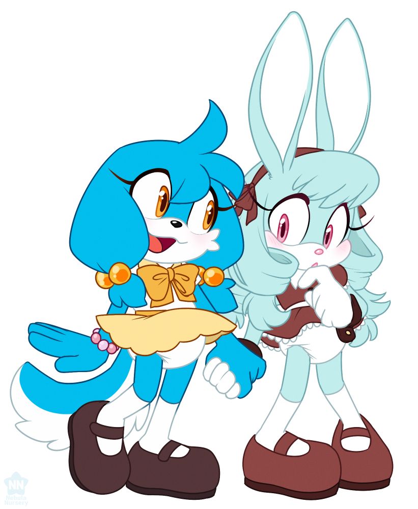 A blue dog in a yellow skirt and a pale mint green bunny in a brown dress hold hands, the dog smiles and the bunny blushes. Drawn in the sonic style.