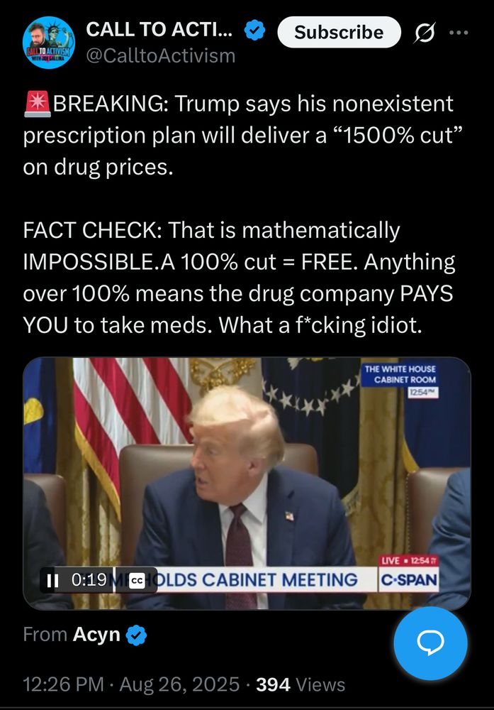 BREAKING: Trump says his nonexistent prescription plan will deliver a “1500% cut” on drug prices.