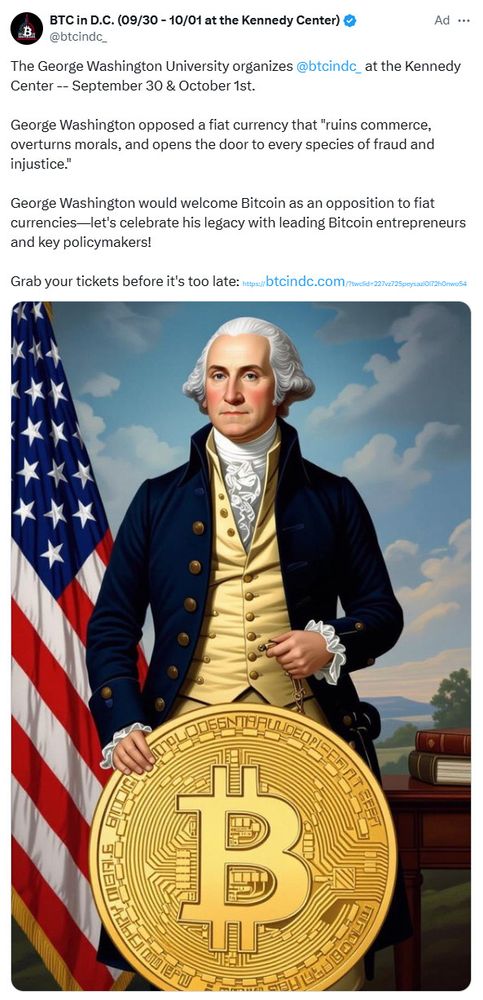 AI image of George Washington with an American flag, holding a gold bitcoin the size of a manhole cover.