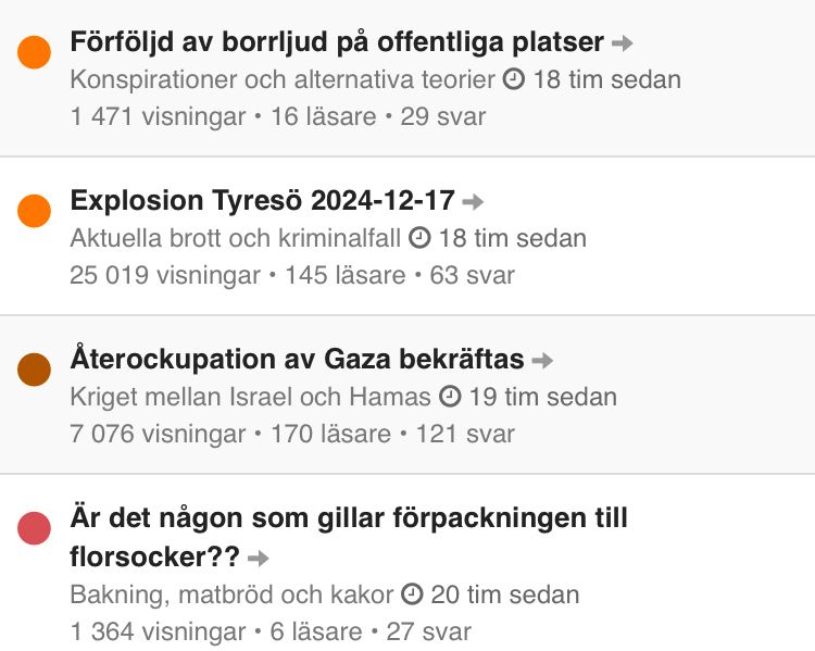 Ämnesrubriker på Flashback,

Förföljd av borrljud på offentliga platser

Explosion Tyresö 2024-12-17

Återockupation av Gaza bekräftas

Är det någon som gillar förpackningen till florsocker?? 