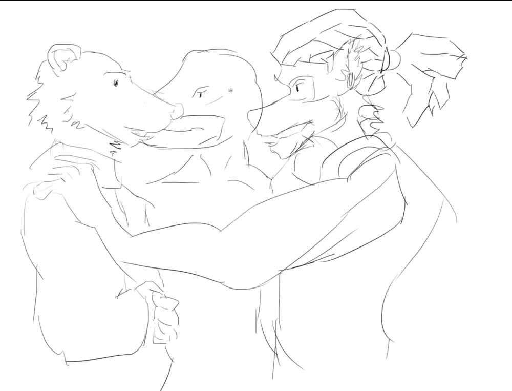 An implied bear, barracuda and ring-tailed lemur men in talk that involves touching. Some kind of furry art thing, Furryart stuff.