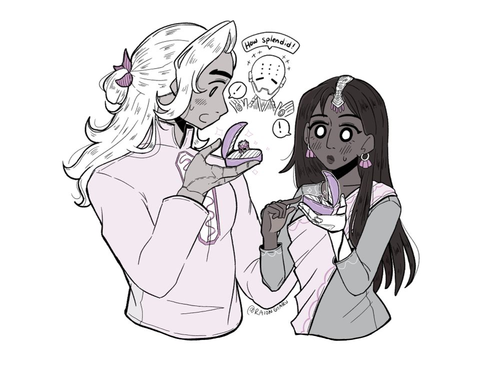 Satya and Niran both proposed at the same time on accident, but they also mixed up the rings. Niran is holding a box with a flashy Lotus-styled ring meant for him, and Satya is holding a box with a simple ring meant for her. Zenyatta is in the background saying “How splendid!”