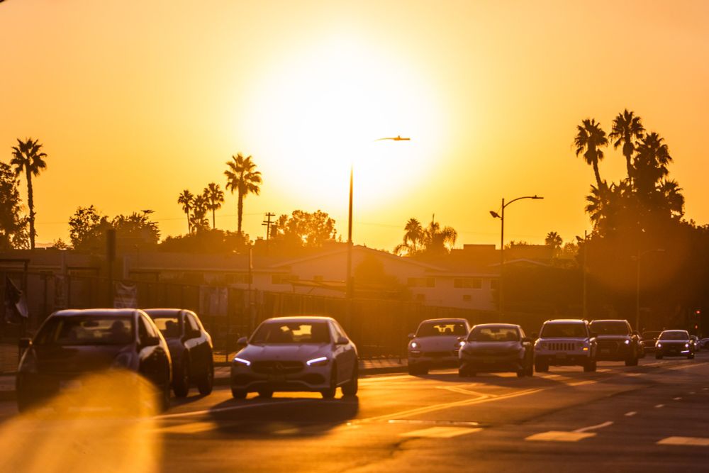 Vehicles passing along the 101 Freeway in Los Angeles, California, during a triple-digit heatwave throughout Southern California. Credit: Getty Images.