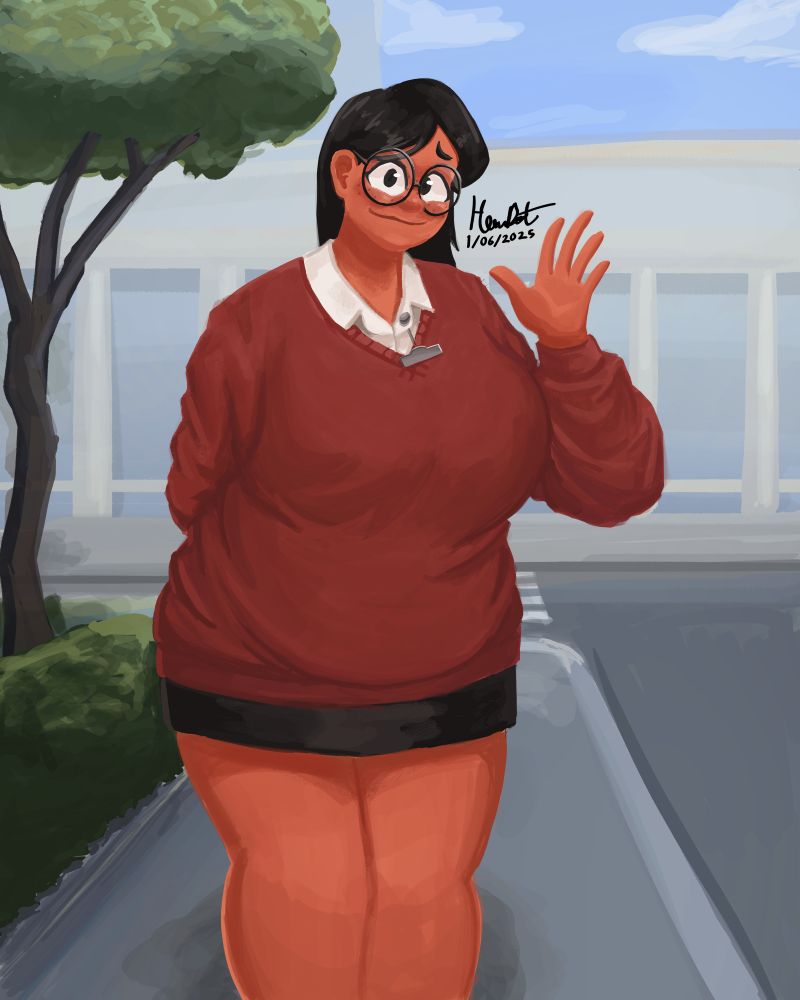 Mali wearing her new red sweater to uni