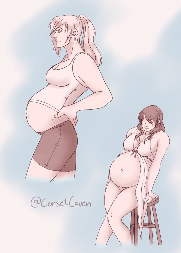 Monochrome digital art of Shotgun and Cissnei from FF7: Before Crisis and Crisis Core. They're both pregnant.