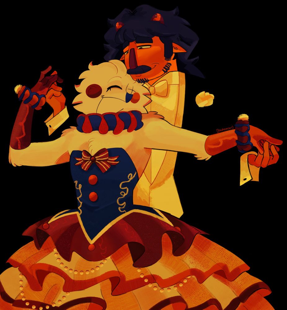 Bon Bon and Clown shown sharing a dance with each other in fancy attire