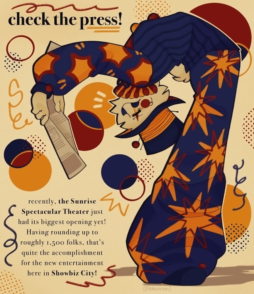 Mr. Clown holding the newspaper while bending backwards.