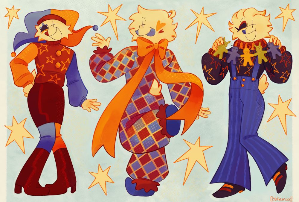 Mr. Clown in various brightly, primary colored outfits 