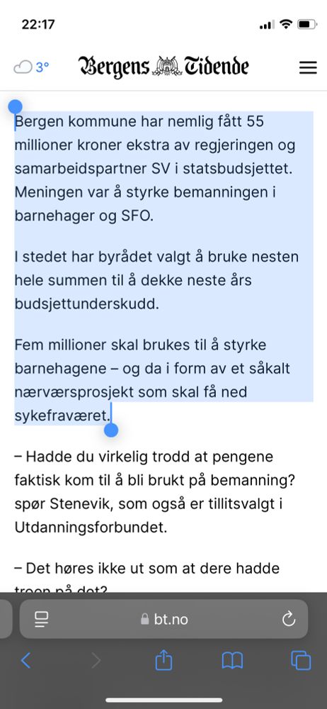Bergen kommune har nemlig fått 55 millioner kroner ekstra av regjeringen og samarbeidspartner SV i statsbudsjettet. Meningen var å styrke bemanningen i barnehager og SFO.

I stedet har byrådet valgt å bruke nesten hele summen til å dekke neste års budsjettunderskudd.

Fem millioner skal brukes til å styrke barnehagene – og da i form av et såkalt nærværsprosjekt som skal få ned sykefraværet.