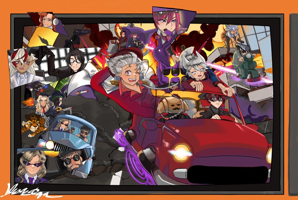 Picture of a chaotic city chase scene where red and friends are being chased by other mobsters and police with various explosions and other interactions happening around the background