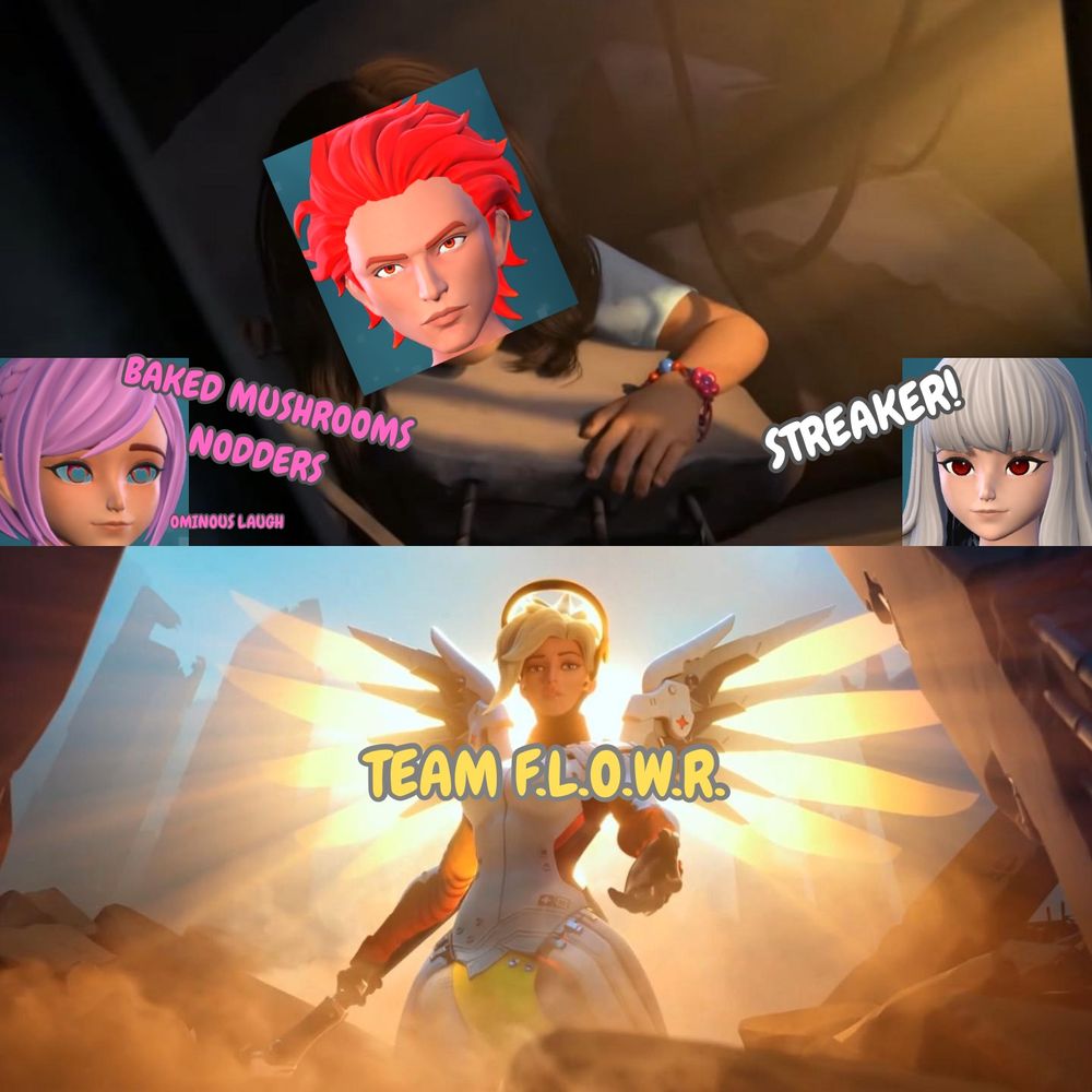 Robby Red, trapped in rubble with mardorable and Kyoku taunting him with lines like “baked mushrooms nodders” and “streaker” with the angel of team F.L.O.W.R. Coming in to “rescue” him