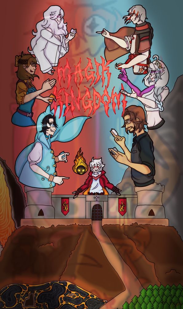 Image of a promo poster for Magician’s Kingdom, a MtG commander tournament, featuring several creators facing off with trading cards and red in the middle standing on a castle welcoming spectators while the castle stands on a hill above a contrasting scenery of forest and lava