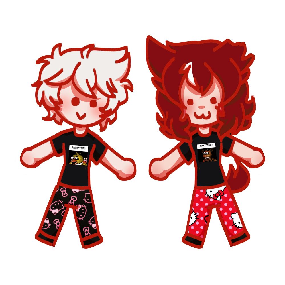 Image of Redmaster and Riniiko staring at you with matching sets of Hello Kitty pants and Fnaf character shirts that say “Boobs?!?!” And “Cock?!?!” Respectfully 