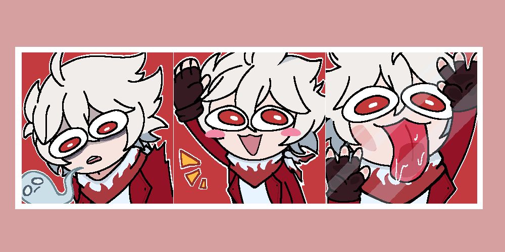 Art image of new RedMaster emotes portraying, from left to right, dread, hello, and slobber