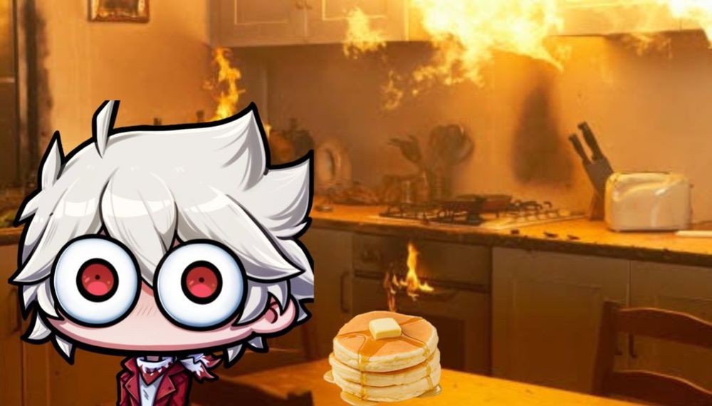 Image of RedMaster serving you pancakes in a kitchen that’s on fire
