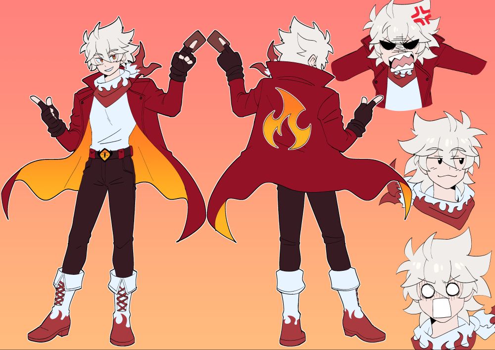 New Reference image for the RedMaster character. He is a white man with spikey like white hair, red and orange pupils, wearing a white shirt, long red coat with a flame marking on the back, white and red scarf in the shape of fire, brown pants with deck boxes and an eye along the belt, white and red shoes with similar flame patterns as the scarf, and fingerless brown gloves. He holds a card in his right hand. Off to the far right he is making three expressions, angry, smug, and shocked