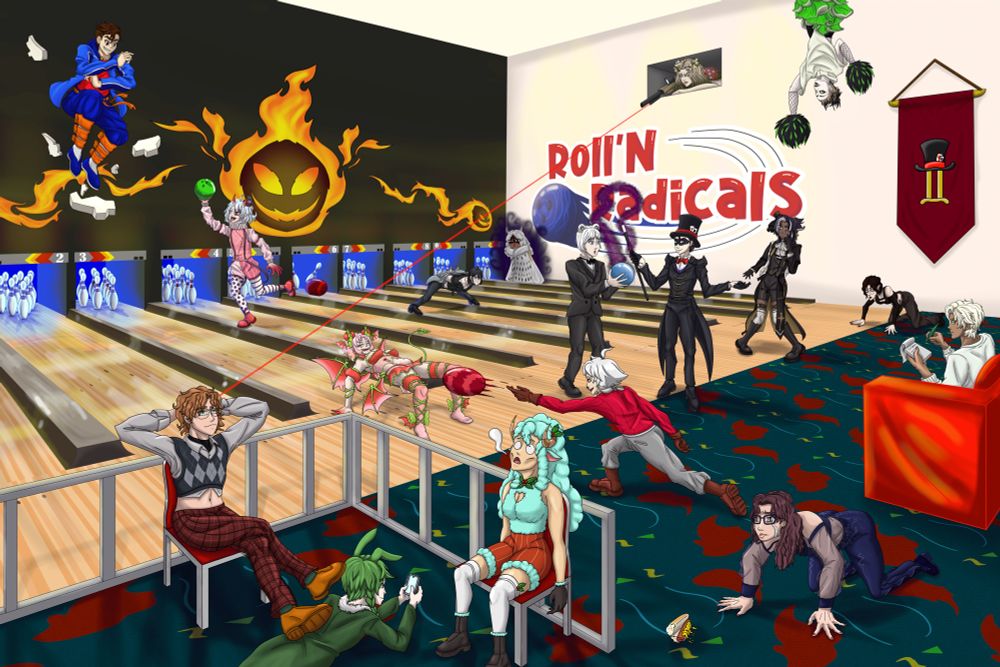 The 2nd installment of the Roll’n Radicals art pieces featuring Top Hat and his Captive Audience community. A chaotic scene at a bowling alley featuring several creators involved in various actions like catching a bowling ball, bursting through the wall, crawling on the ground, aiming a sniper, infusing a ball with magic, and sketching some art. This art piece was made by dabrohan