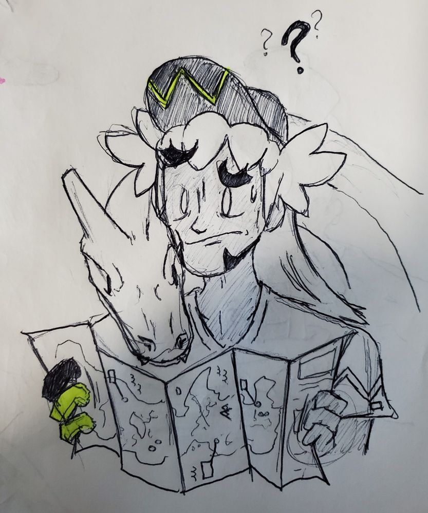 Leon holding a map sideways looking confused, with his Charizard stretching its neck over his shoulder to also look at the map. 

Charizard is also confused.