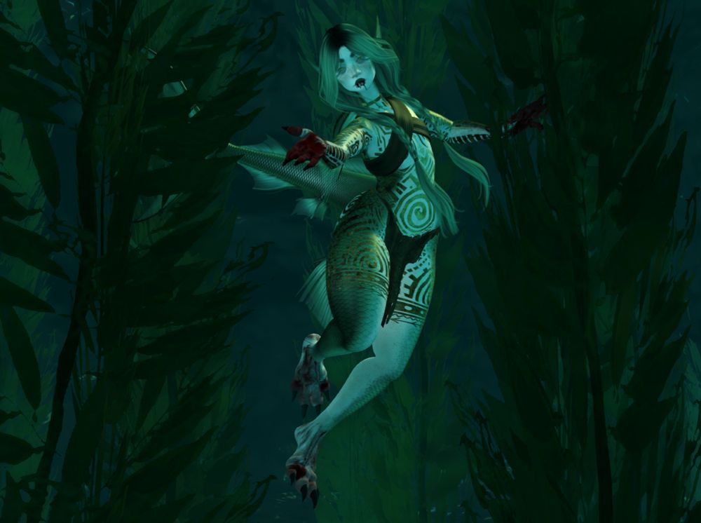 a fish person with pale skin and green scales floats among giant kelp in dark waters. they extend their hand to the viewer, but their hands and mouth are covered in fresh blood.