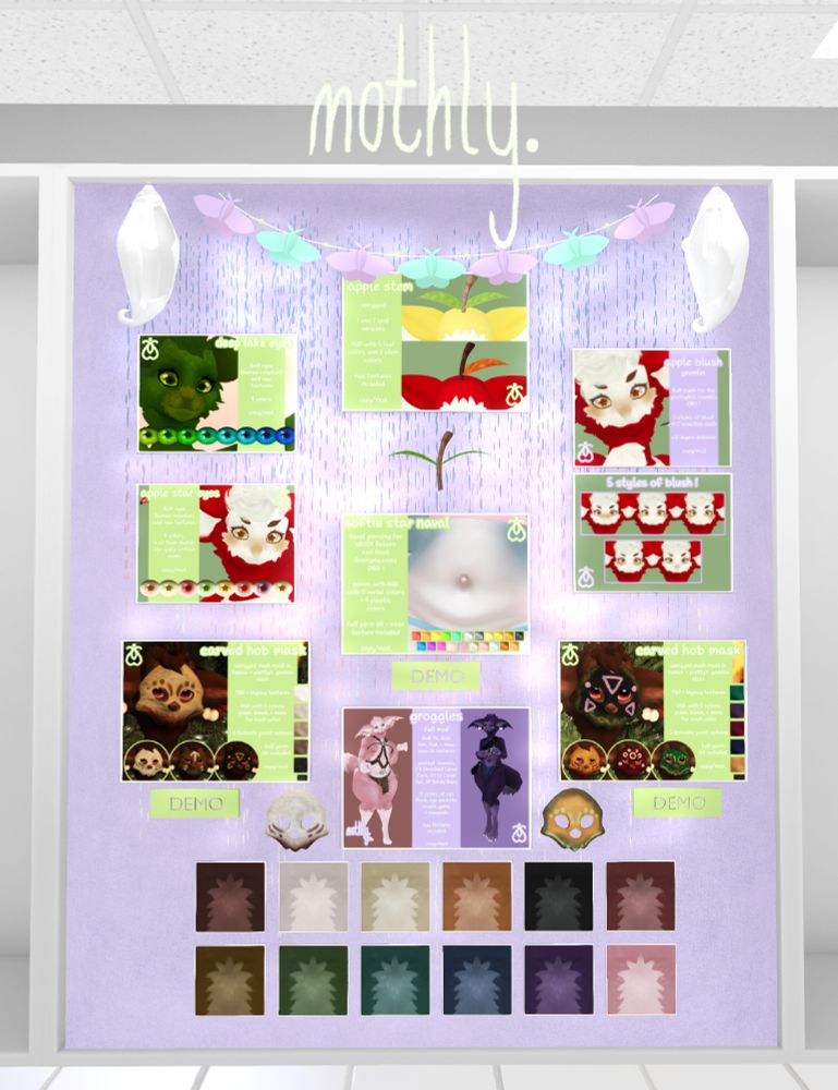 a screenshot of mothly's booth. it has several vendors on a pastel purple background and is decorated with moth chrysalises and a paper moth garland.