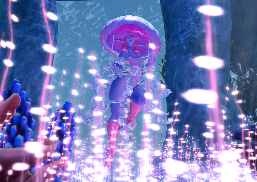 a blue, pink, and purple jellyfish person floats in front of a stone gateway with his arm outstretched. in front of and beside the gateway, there is life; coral, kelp, and glowing grasses. but behind the gateway there is empty, open ocean. the camera is angled up from the grass, and you can see more of the jellyfish's face.