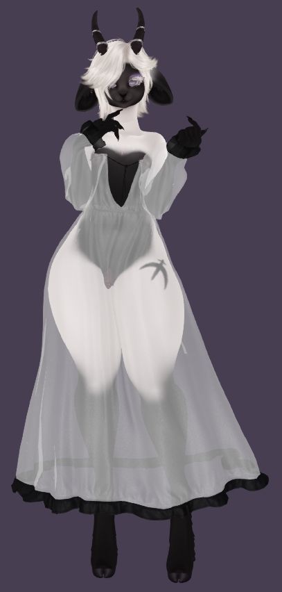 a second life screenshot of an anthropomorphic sheep. he wears a very sheer white gown, which leaves nothing to the imagination. he has black and white fur, short white hair, and short pointy horns. under the gown, his markings are visible, as well as his exceptionally large t-dick, the details of which are barely obscured by the sheer fabric.