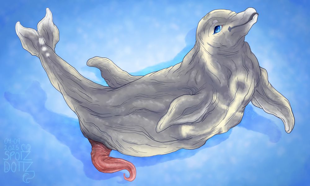 Stylized art of Mardy the dolphin in feral form. His tapered penis is erect and extruded from his sheath, and he has an anchor-shaped birthmark between his front limbs.