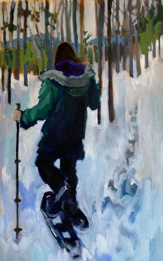 Being able to get out in the snow and crisp air is a pleasure that brings me peace. This painting is from 2023, but gratefully, I have been able to be in snowy nature this winter to take time to breathe and stay centered. 