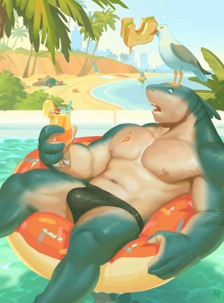 A shark anthro enjoying his summer vacation.