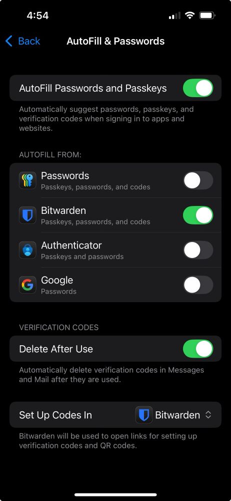 autofill and passwords setting page in ios
