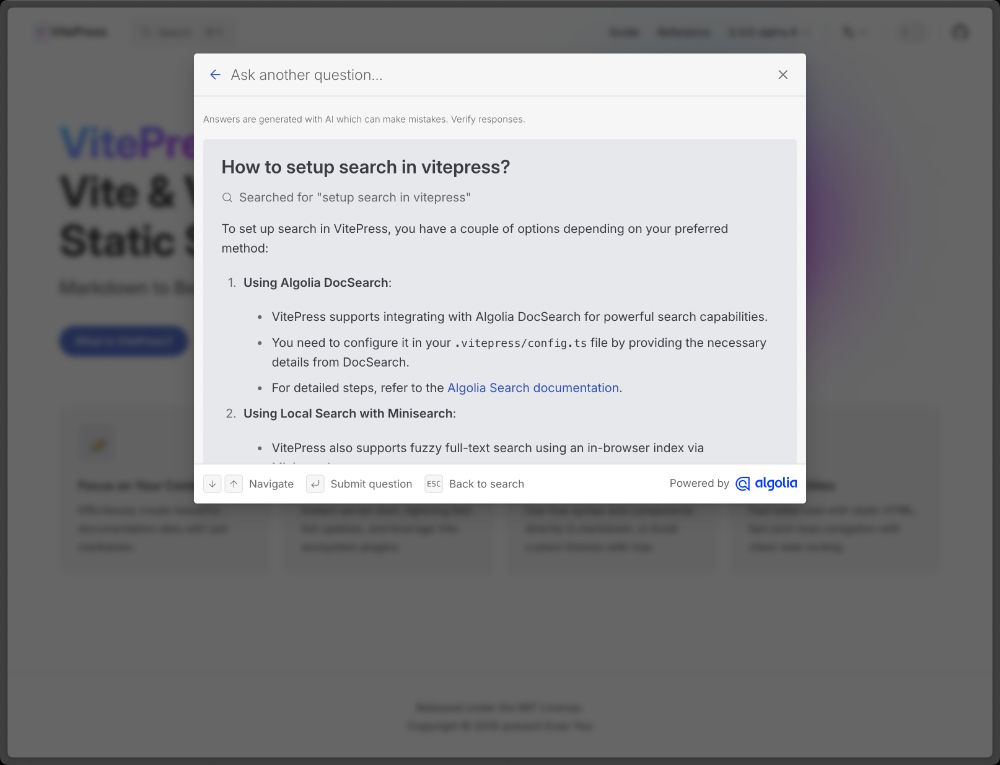 latest vitepress docs showing docsearch AI answering a question