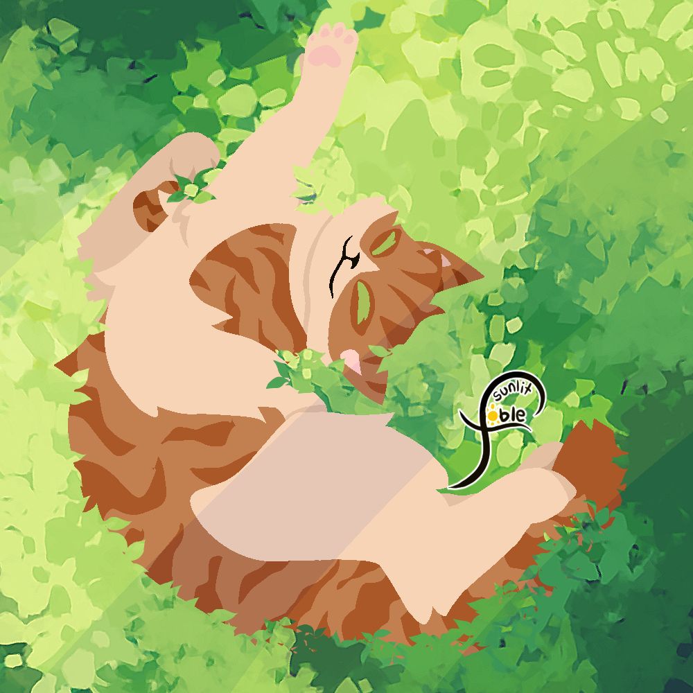 Digital art of a ginger and white tabby cat rolling in the grass. His eyes are closed in a happy smile, and there are sunbeams across his fur. End ID.