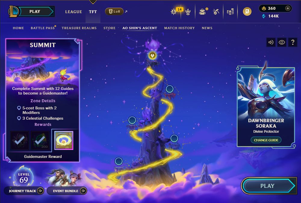 The TFT screen of the League of Legends Client.

The level on the Journey Track in the bottom-left reads 69.