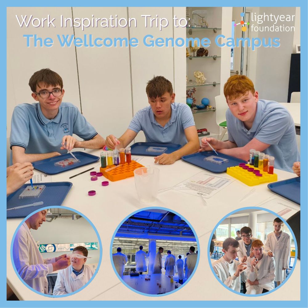 [Image Description]
A group of students in light blue uniforms sit at a lab table using pipettes and colourful test tubes during a visit to the Wellcome Genome Campus. The image includes three smaller circular photos: Left is a student in lab coats working with a scientist. Middle is Students in lab coats observing scientists in a science labs through glass. The right shows students in lab coats posing happily together holding their DNA extractions in their hands. The Lightyear Foundation logo is in the top right corner, with text reading: “Work Inspiration Trip to: The Wellcome Genome Campus”