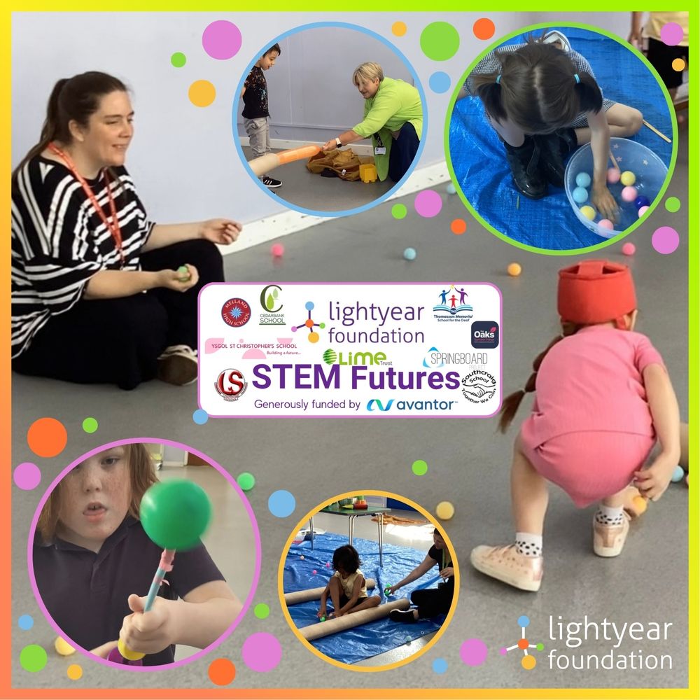 [Image Description]
In the large central image, a woman sits on the floor smiling holding a green ball, surrounded by scattered colourful balls. A young girl in pink, wearing a red crash-hat, crouches nearby, reaching for a ball.
Surrounding the main image are four smaller circular frames:
Top left (blue frame): A woman helps a young boy push a ball through a long orange tube.
Top right (green frame): A young girl reaches into a bucket full of multicolored balls.
Bottom left (pink frame): A child focuses intently on blowing up a green baloon.
Bottom center (yellow frame): Two children work together with large cardboard tubes on a blue tarp.
Bottom right corner: STEM Futures Logo with supporting schools, including Lightyear Foundation, and Avantor.
The background features playful polka dots in vibrant colours, adding to the cheerful and dynamic atmosphere.