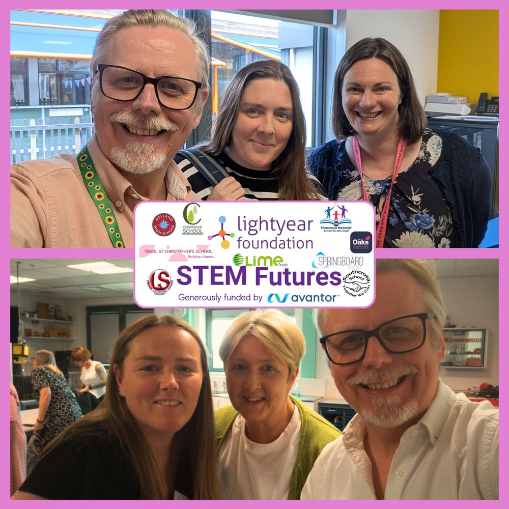 [Image description]
A collage featuring two photos from recent STEM Futures school visits. 
The top photo is taken in a brightly lit room with large windows. Three people are smiling at the camera. Left to right, Jeff (the CEO), Jade (STEM Futures program manager), and Libbie (Assistant principle: accessibility and digital applications at The Oaks Specialist Collage).
The bottom photo left to right shows Lisa (Assistant Head of Lime Academy, Ravensbourne), Kylee and Jeff again. 
At the centre of the collage is the STEM Futures logo, alongside partner and funder logos.
The collage has a bright pink border, giving it a vibrant, welcoming feel.
