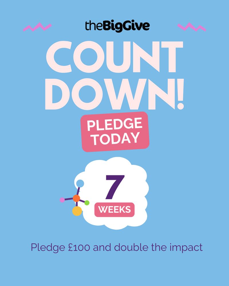 [Image Description]
A promotional graphic for the Lightyear Foundations Big Give campaign. A bright blue background with the Big give logo at the top with pink horizontal zig zags eitherside.
Beneath are the words "COUNT DOWN!" in white with a small pink rectangle underneath with the words "PLEDGE TODAY". In a small white cloud like shape it says "7 weeks" with the lightyear logo to the left. At the bottom of the graphic are the words "Pledge £100 and double the impact"