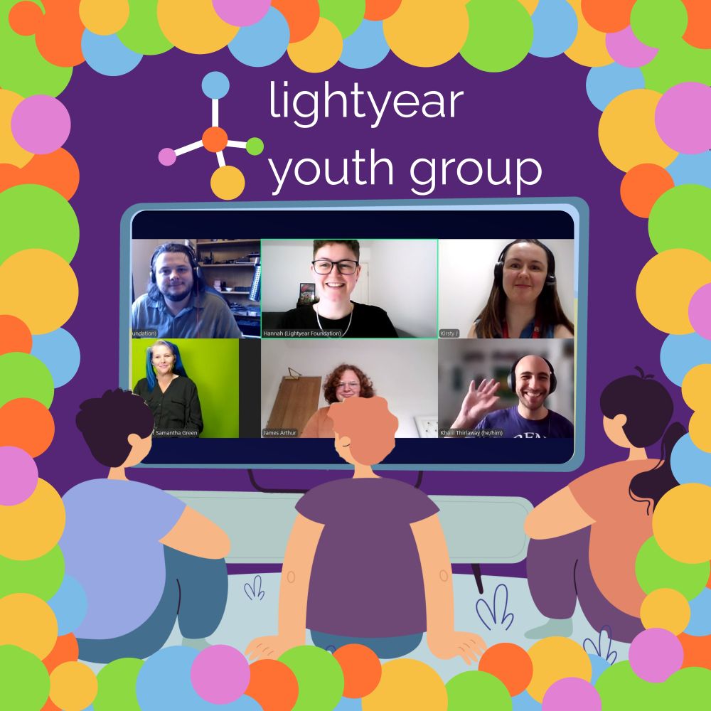 [Image Description] An illustration of three animated young people watching a video call on a large screen. A screenshot of six smiling people are on the call, part of the Lightyear Youth Group. The background is purple with a colourful bubble border and the text “lightyear youth group” at the top with the molecular logo to the left of it.