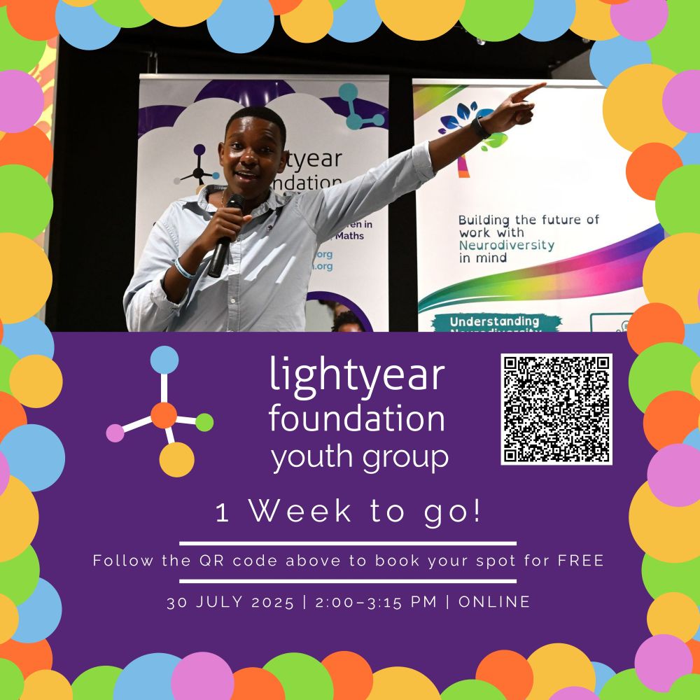 Image 1 Description: A colorful promotional graphic for the Lightyear Foundation Youth Group event. A young person enthusiastically holds a microphone and points to the side while standing in front of banners that read “Lightyear Foundation”. The image is framed by a border of multicolored circles. Below the photo is a purple banner with the event logo, a QR code, and text:
“1 Week to go!
Follow the QR code above to book your spot for FREE
30 JULY 2025 | 2:00–3:15 PM | ONLINE”